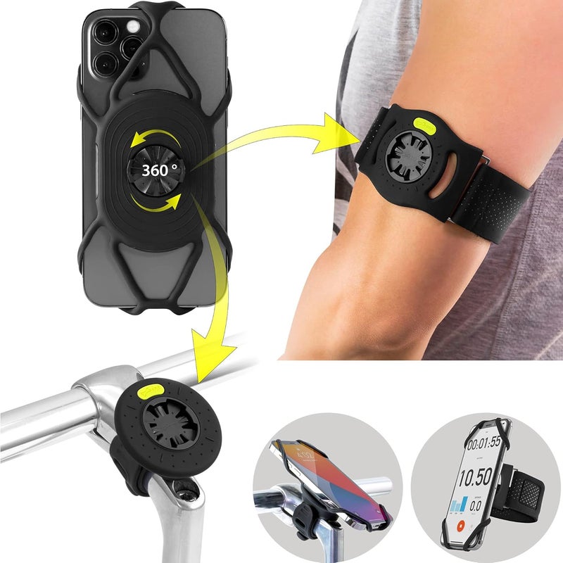 BONE COLLECTION BONE Run + Bike Tie Connect Kit 1, 2-in-1 Running & Bike Phone Holder, Detachable & Rotatable 360° Sport Armband & Phone Mount Compatible with Most Smartphones (Stem/Armband 2-in-1 Connection Kit) - Image 1